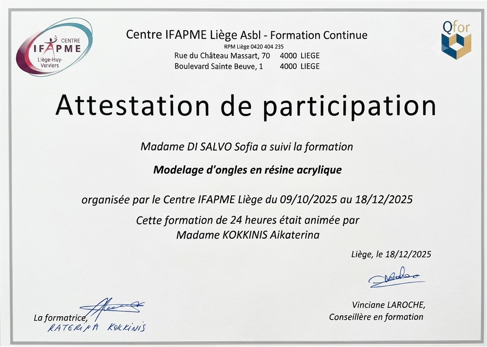 Certification IFAPME modelage ongles résine acrylique Sofia Di Salvo